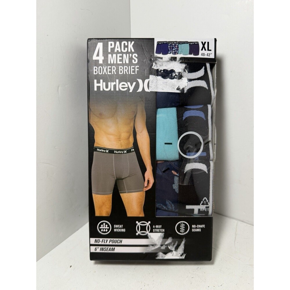 Hurley Mens Boxer Briefs Sz XL 40-42" 6" Inseam No-Fly Pouch 4-Pack new